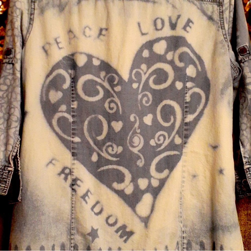 Hand Dyed Chambray Button Down Shirt~Messages of Love & Peace💖Whimsical Fun!